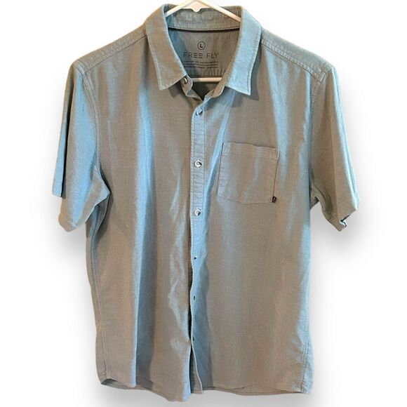 Free Fly Mens Button Up Shirt Blue Short Sleeve Bamboo Cotton Size L - Picture 1 of 6